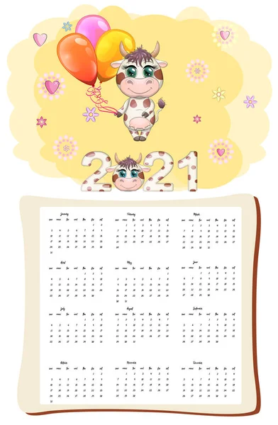 Calendario Pianificatore Bue Bianco 2021 Con Toro Cartone Animato Kawaii — Vettoriale Stock
