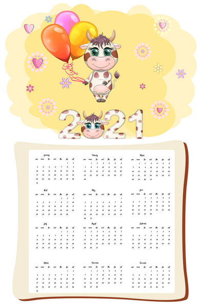 White ox calendar or planner for 2021 with kawaii cartoon bull or cow, New Year character, cute characters. Week Starts Sunday