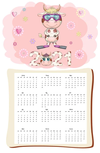 Λευκό Ημερολόγιο Βόδι Για 2021 Kawaii Ταύρο Κινουμένων Σχεδίων Ταύρος — Διανυσματικό Αρχείο
