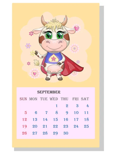 Calendario 2021 Toro Símbolo Del Nuevo Año Vaca Dibujos Animados — Archivo Imágenes Vectoriales