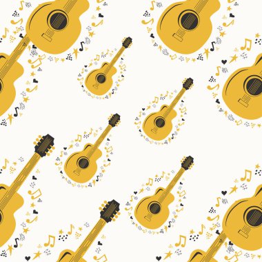 Ülke gitarı, yıldızları, notaları, sembolleri, nesneleri ve elementleri ile elle çizilmiş müzikal desen