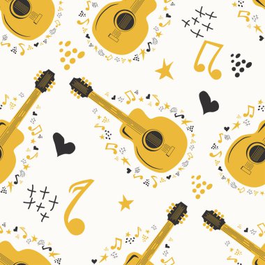 Ülke gitarı, yıldızları, notaları, sembolleri, nesneleri ve elementleri ile elle çizilmiş müzikal desen
