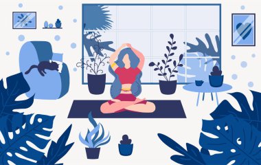 Yoga pozu ve meditasyon yapan genç bir kadın. Kız evde aerobik ve sabah meditasyonu yapıyor. Fiziksel ve ruhsal uygulama. Çizgi film tarzında illüstrasyon.