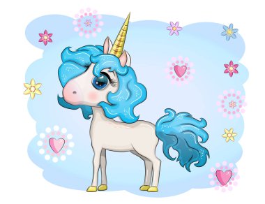 Sihirli şirin tek boynuzlu at, yıldızlar, bulutlar ve ay posteri, tebrik kartı, çizgili illüstrasyon