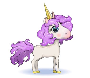 Tatlı sihirli tek boynuzlu at. beyaz arkaplanda dizayn. Tişört için baskı. Çocuklar için romantik illüstrasyon.