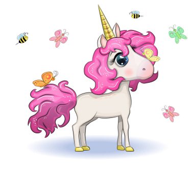 Sihirli şirin tek boynuzlu at, yıldızlar, bulutlar ve ay posteri, tebrik kartı, çizgili illüstrasyon