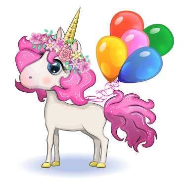 Şirin sihirli tek boynuzlu at balon tutuyor. Tebrik kartı, kavram, baskı, tasarım.