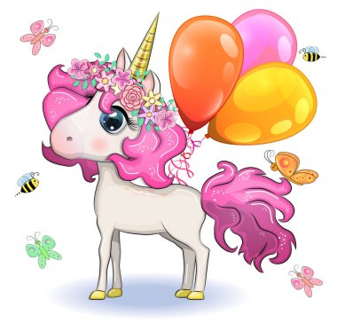 Şirin sihirli tek boynuzlu at balon tutuyor. Tebrik kartı, kavram, baskı, tasarım.