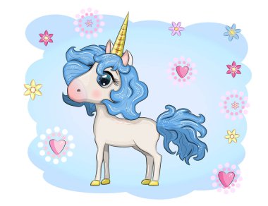 Sihirli şirin tek boynuzlu at, yıldızlar, bulutlar ve ay posteri, tebrik kartı, çizgili illüstrasyon