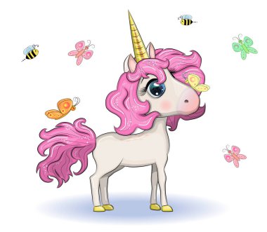 Sihirli şirin tek boynuzlu at, yıldızlar, bulutlar ve ay posteri, tebrik kartı, çizgili illüstrasyon