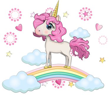 Gökkuşağındaki sevimli sihirli tek boynuzlu at. Tebrik kartı, kavram, baskı, tasarım.