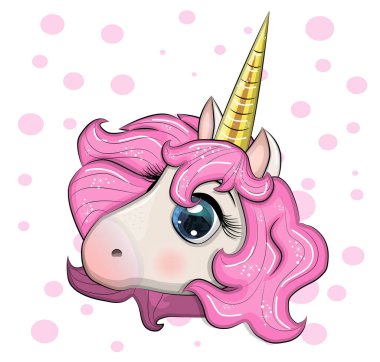 Güzel gözlü şirin tek boynuzlu at ağızlığı ve çiçek, çocuk, baskı, tekstil arka planında gelişen yelesi var.