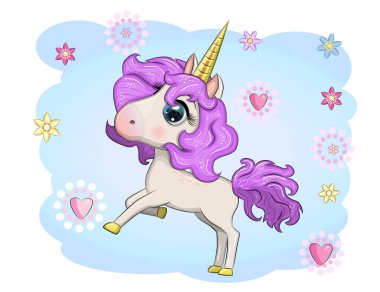 Sihirli şirin tek boynuzlu at, yıldızlar, bulutlar ve ay posteri, tebrik kartı, çizgili illüstrasyon