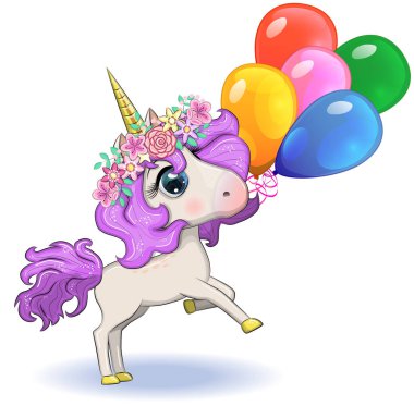 Şirin sihirli tek boynuzlu at balon tutuyor. Tebrik kartı, kavram, baskı, tasarım.