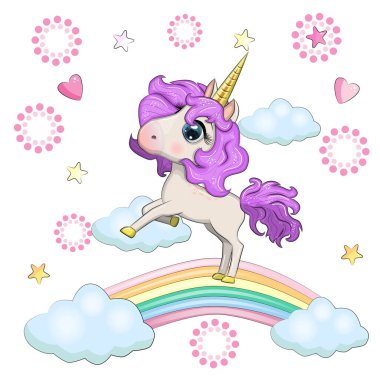 Gökkuşağındaki sevimli sihirli tek boynuzlu at. Tebrik kartı, kavram, baskı, tasarım.