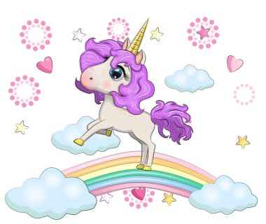 Gökkuşağındaki sevimli sihirli tek boynuzlu at. Tebrik kartı, kavram, baskı, tasarım.