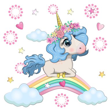 Gökkuşağındaki sevimli sihirli tek boynuzlu at. Tebrik kartı, kavram, baskı, tasarım.