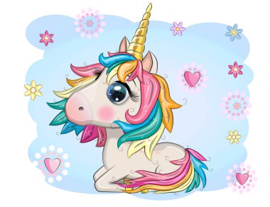 Sihirli şirin tek boynuzlu at, yıldızlar, bulutlar ve ay posteri, tebrik kartı, çizgili illüstrasyon