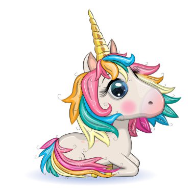 Tatlı sihirli tek boynuzlu at. beyaz arkaplanda dizayn. Tişört için baskı. Çocuklar için romantik illüstrasyon.