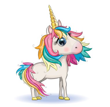 Tatlı sihirli tek boynuzlu at. beyaz arkaplanda dizayn. Tişört için baskı. Çocuklar için romantik illüstrasyon.