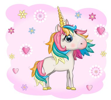 Sihirli şirin tek boynuzlu at, yıldızlar, bulutlar ve ay posteri, tebrik kartı, çizgili illüstrasyon