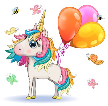 Şirin sihirli tek boynuzlu at balon tutuyor. Tebrik kartı, kavram, baskı, tasarım.