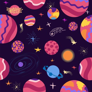 Gezegenlerin, roketlerin ve yıldızların kusursuz deseni. Çizgi film gezegeni. Çocuksu bir geçmiş. El çizimi