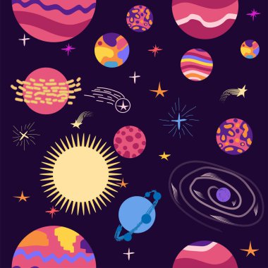 Gezegenlerin, roketlerin ve yıldızların kusursuz deseni. Çizgi film gezegeni. Çocuksu bir geçmiş. El çizimi