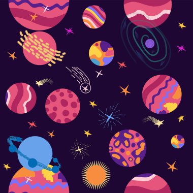 Kusursuz uzay deseni. Gezegenler, roketler ve yıldızlar. Çizgi film uzay gemisi. Çocuksu bir geçmiş. El çizimi illüstrasyon.