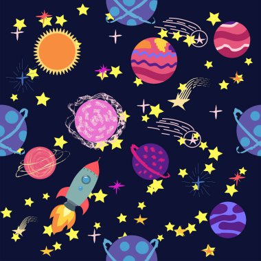 Gezegenlerin, roketlerin ve yıldızların kusursuz deseni. Çizgi film gezegeni. Çocuksu bir geçmiş. El çizimi