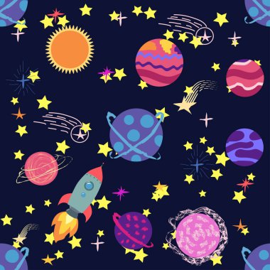 Kusursuz uzay deseni. Gezegenler, roketler ve yıldızlar. Çizgi film uzay gemisi. Çocuksu bir geçmiş. El çizimi illüstrasyon.