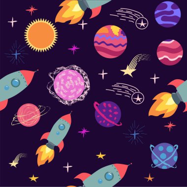 Gezegenlerin, roketlerin ve yıldızların kusursuz deseni. Çizgi film gezegeni. Çocuksu bir geçmiş. El çizimi