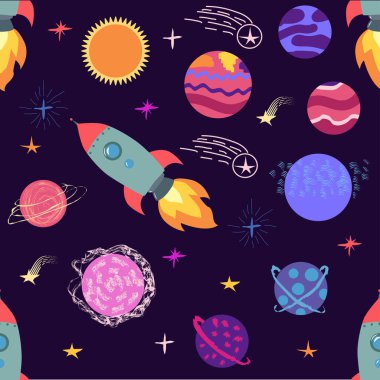 Kusursuz uzay deseni. Gezegenler, roketler ve yıldızlar. Çizgi film uzay gemisi. Çocuksu bir geçmiş. El çizimi illüstrasyon.