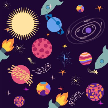 Kusursuz dış uzay UFO roket bilimi çocukların arka plan modeli.