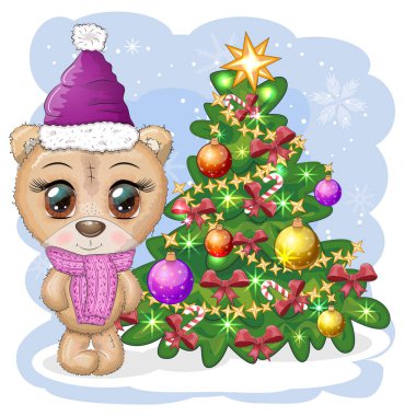 Eşarplı ve şapkalı koca gözlü şirin çizgi film ayısı Noel ağacının yanında. Mutlu Noeller ve mutlu yıllar tebrik kartı, davetiye, afişler, çıkartmalar