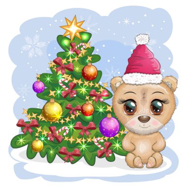 Süslü bir Noel ağacının yanında Noel şapkası takmış koca gözlü şirin çizgi film ayısı.