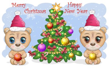 Noel ağacının yanındaki Noel şapkasında büyük gözlü şirin çizgi film ayısı, bir oğlan ve bir kız, tebrik kartı, yeni yıl ve Noel.