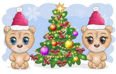 Noel ağacının yanındaki Noel şapkasında büyük gözlü şirin çizgi film ayısı, bir oğlan ve bir kız, tebrik kartı, yeni yıl ve Noel.