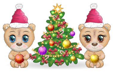 Noel ağacının yanındaki Noel şapkasında büyük gözlü şirin çizgi film ayısı, bir oğlan ve bir kız, tebrik kartı, yeni yıl ve Noel.