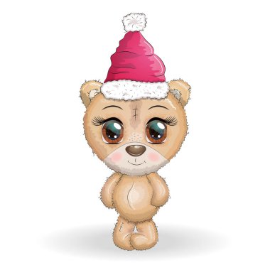 Noel şapkası, tebrik kartı, yeni yıl ve Noel 'de kocaman gözleri olan sevimli çizgi film ayısı..