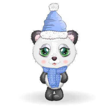 Atkısı ve şapkası olan büyük gözlü şirin çizgi film pandası. Erkek ve kız, tebrik kartı, yeni yıl ve Noel.