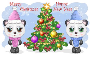 Noel ağacının yanında eşarp ve şapka takmış kocaman gözleri olan bir çift şirin panda, erkek ve kız, tebrik kartı, yeni yıl ve Noel.