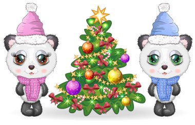 Noel ağacının yanında eşarp ve şapka takmış kocaman gözleri olan bir çift şirin panda, erkek ve kız, tebrik kartı, yeni yıl ve Noel.