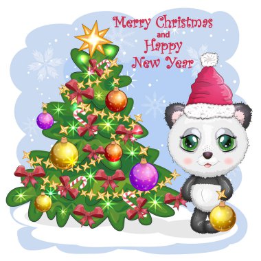 Kırmızı Noel Baba şapkalı, Noel ağacının yanında topu olan büyük gözlü şirin çizgi film pandası. Tebrik kartı, Yeni Yıl