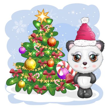 Kırmızı Noel Baba şapkalı, Noel ağacının yanında karamel kamışı olan büyük gözlü şirin bir panda. Tebrik kartı, Yeni Yıl