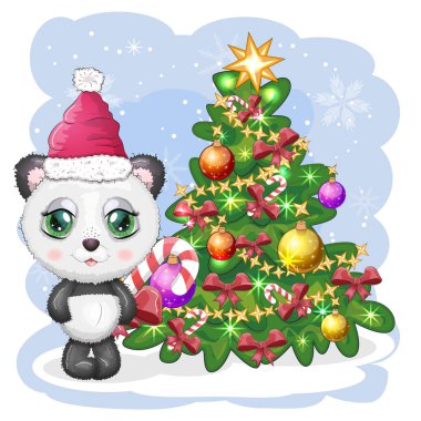 Kırmızı Noel Baba şapkalı, Noel ağacının yanında karamel kamışı olan büyük gözlü şirin bir panda. Tebrik kartı, Yeni Yıl