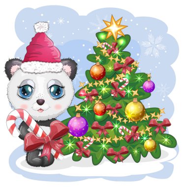 Kırmızı Noel Baba şapkalı, Noel ağacının yanında karamel kamışı olan büyük gözlü şirin bir panda. Tebrik kartı, Yeni Yıl