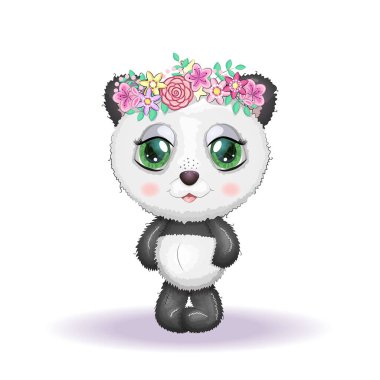 Kocaman gözleri ve çiçek çelengi içinde küçük şirin bir panda, tebrik kartı çizimi, sevimli hayvanlar..