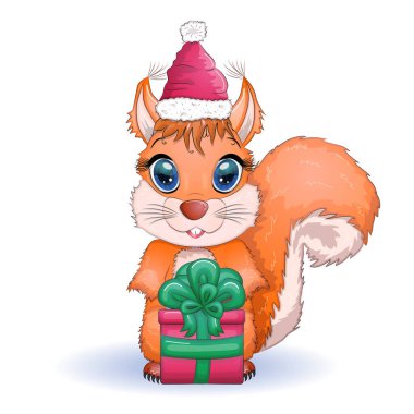 Noel Baba şapkalı, Noel Baba şapkalı, şeker kamışlı, balolu güzel gözlü şirin bir sincap. Kutlama kartı için kış tasarım unsuru, Noel partisi davetiyesi, tatil satışları