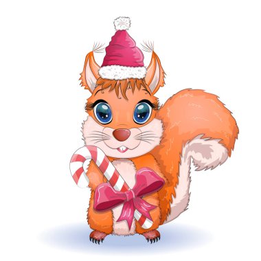 Noel Baba şapkalı, Noel Baba şapkalı, şeker kamışlı, balolu güzel gözlü şirin bir sincap. Kutlama kartı için kış tasarım unsuru, Noel partisi davetiyesi, tatil satışları